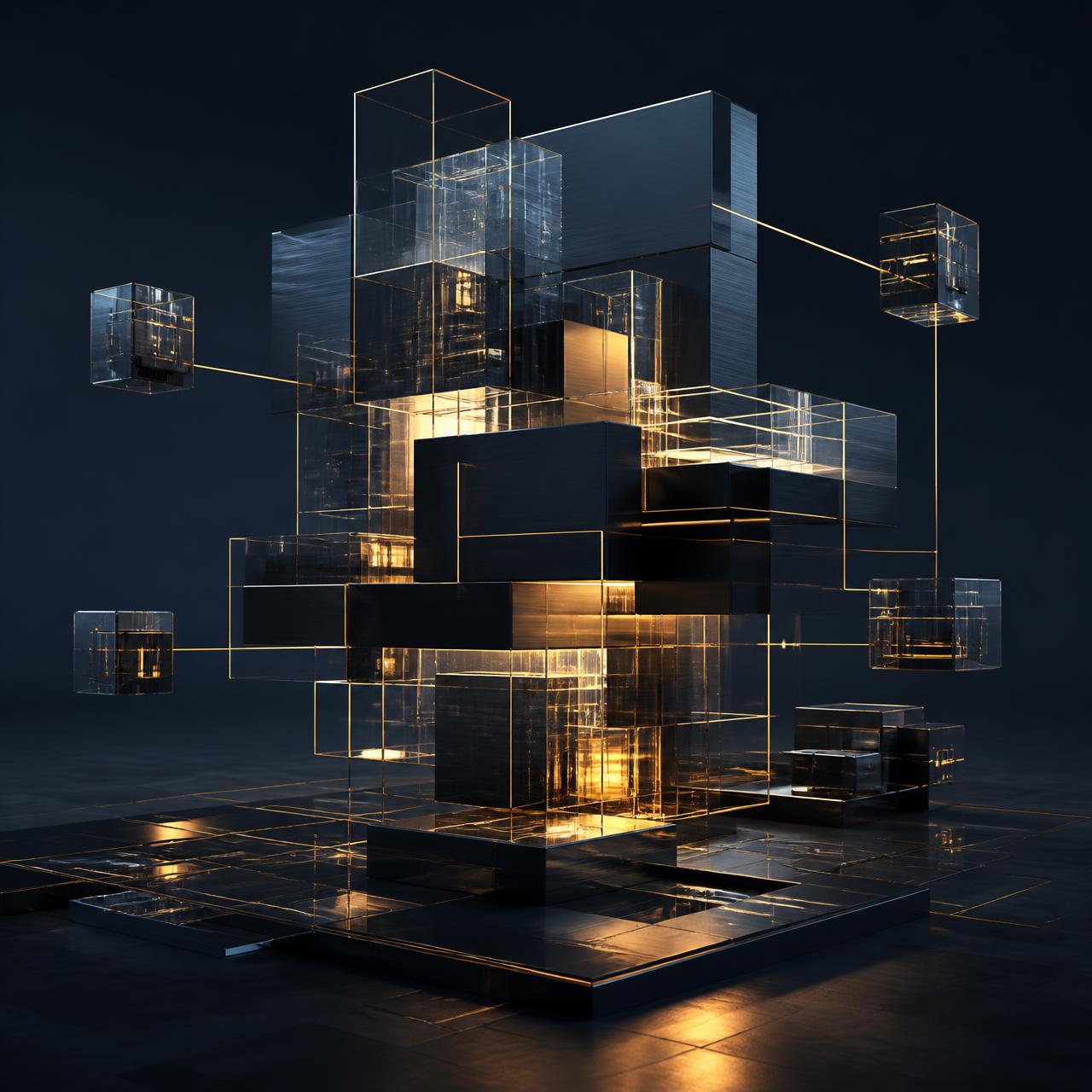 Abstract architectural sculpture of glass and gold representing digital infrastructure